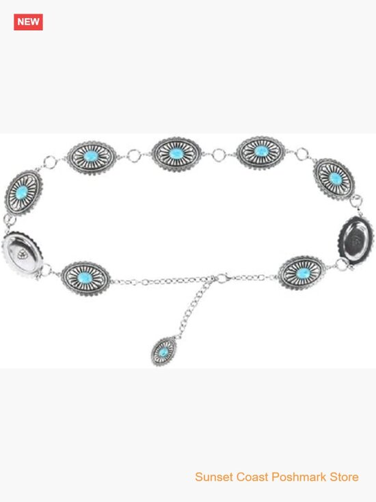 Turquoise Concho Chain Belt with Lobster Claw Closure - Western Dress Belt